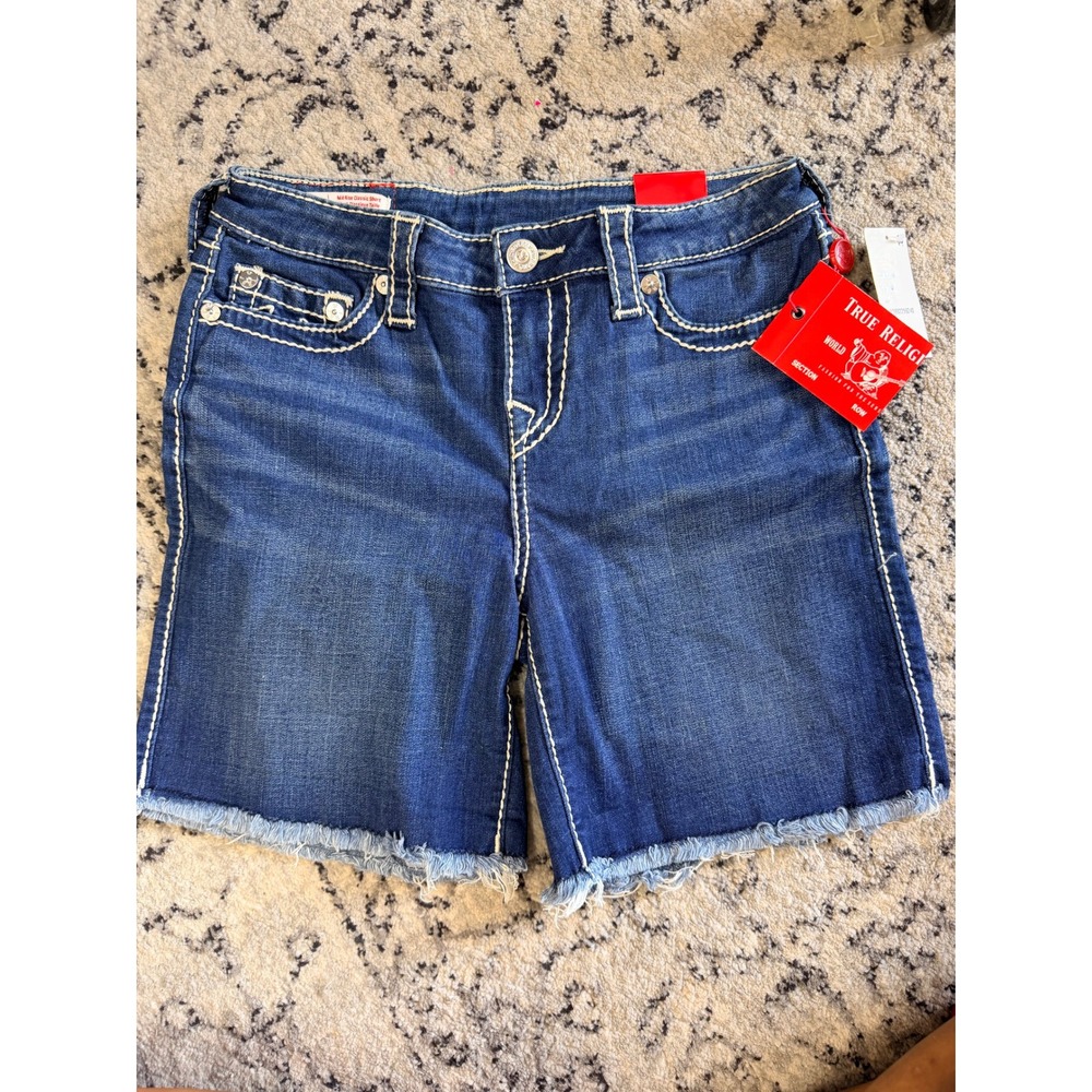 True Religion Jayde Mid Rise Classic Denim Shorts Big T Stitch Blue W29 NWT